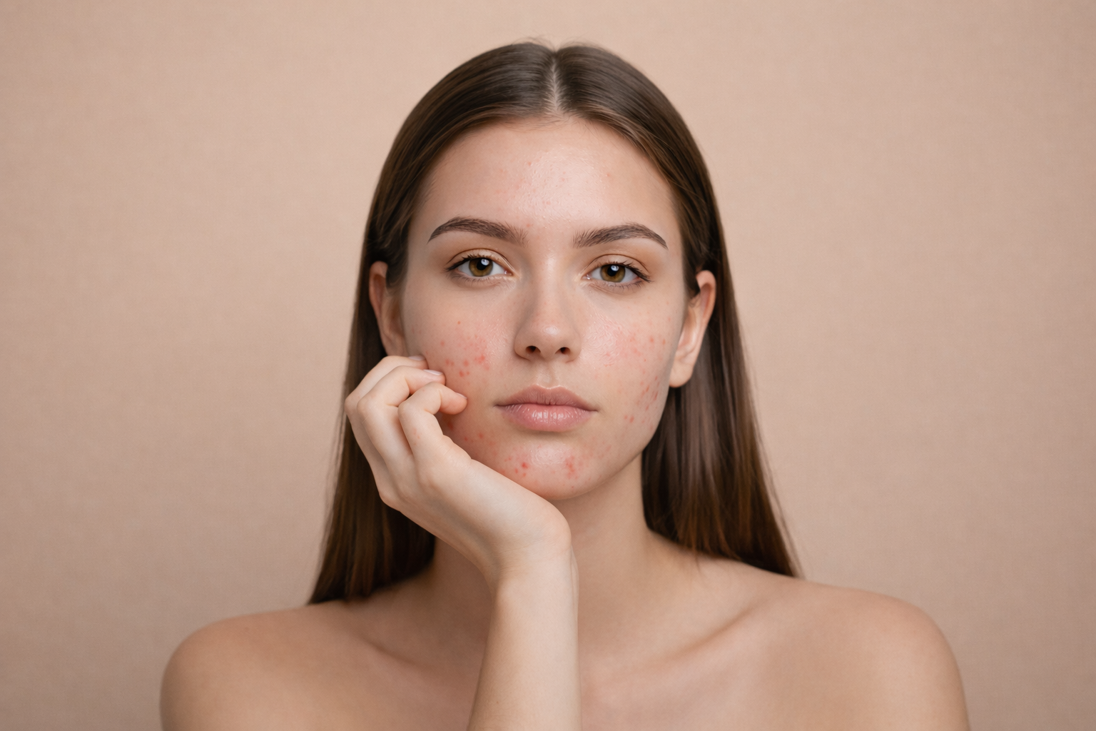Woman with acne on a beige background