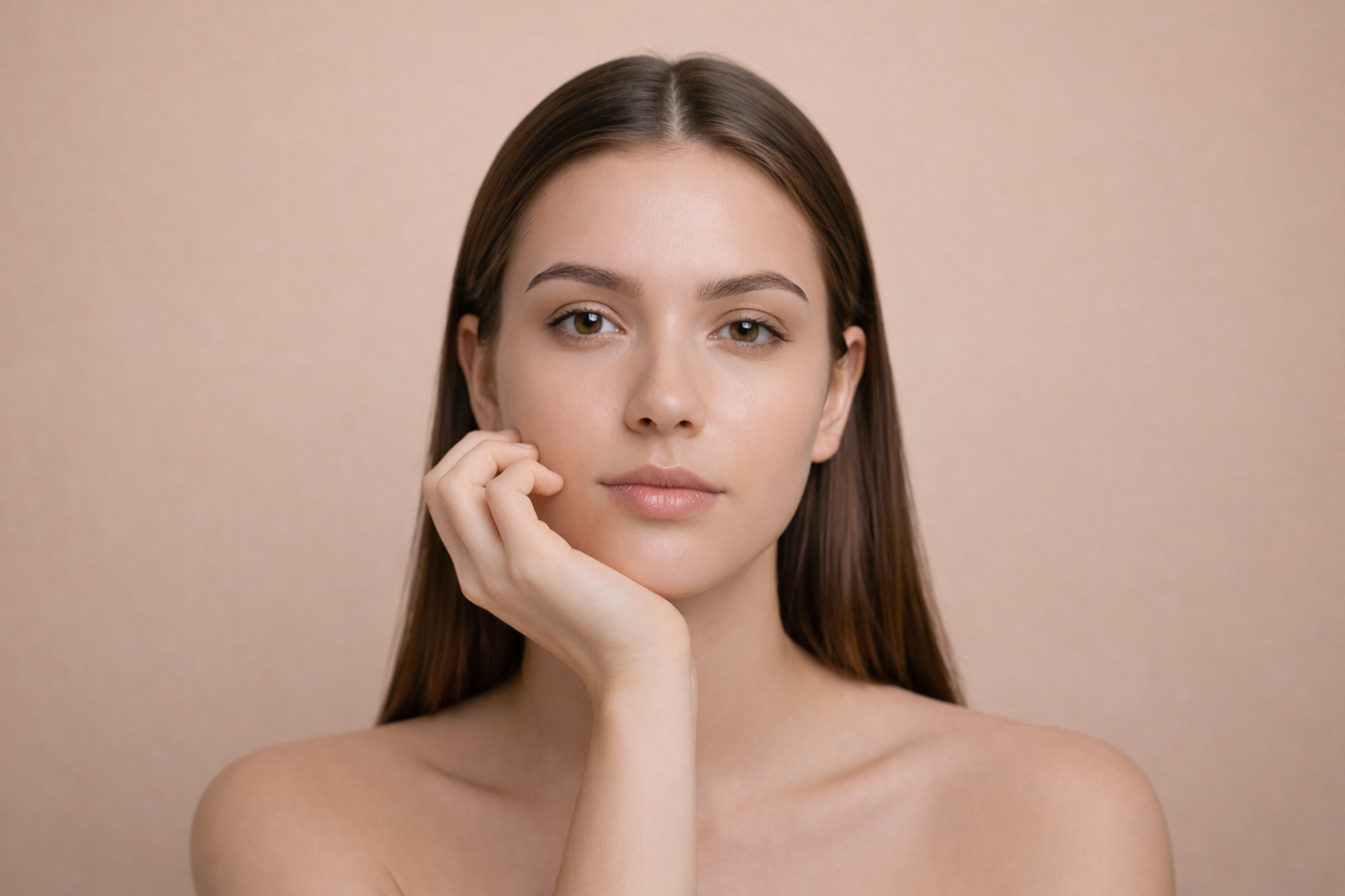 Woman with no acne against a beige background